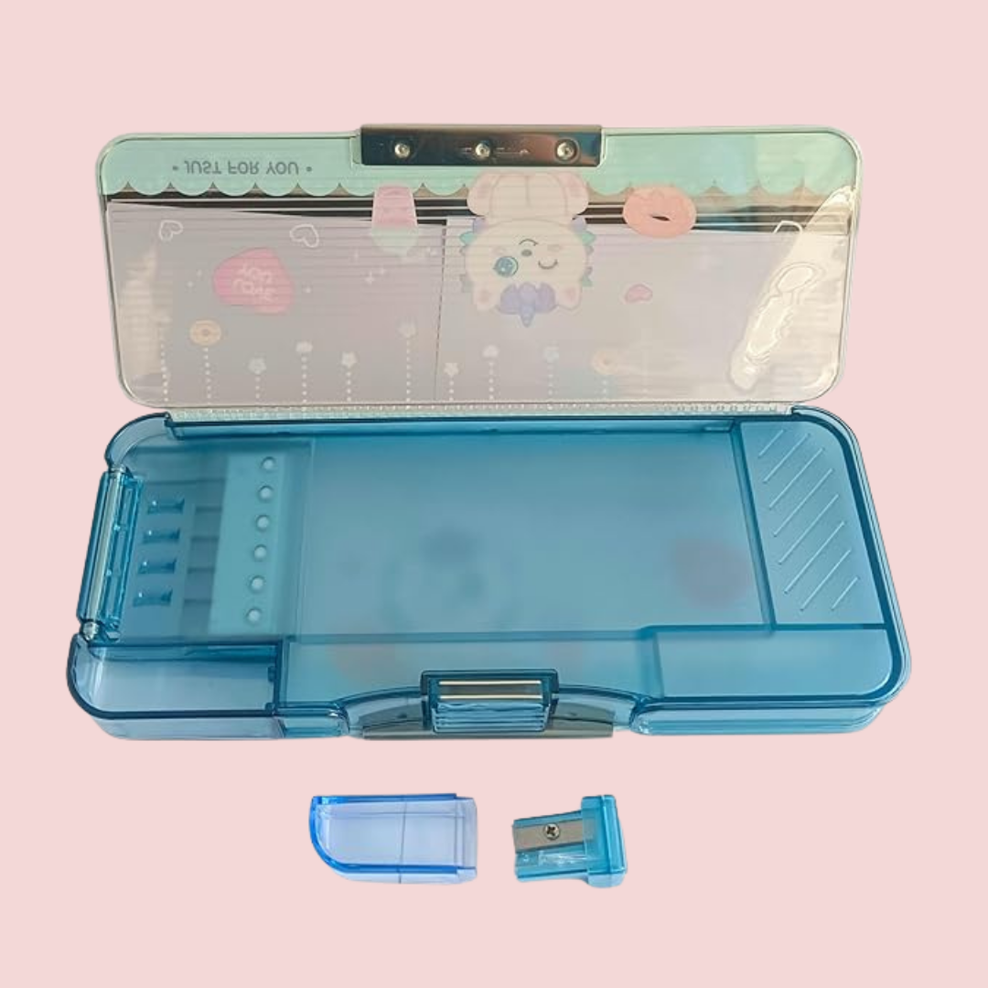 Transparent Multifunction Pencil Case | Cute Cartoon Stationery Organizer with Sharpener & Pencil Holder | Return Gift for Kids, Girls and Boys