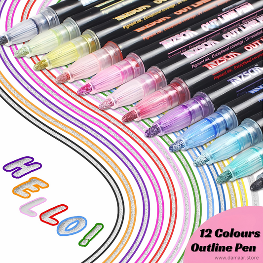 Outline Colour Pen | Double line - Metallic Glitter | Pack of 12 Colours | Art & Craft