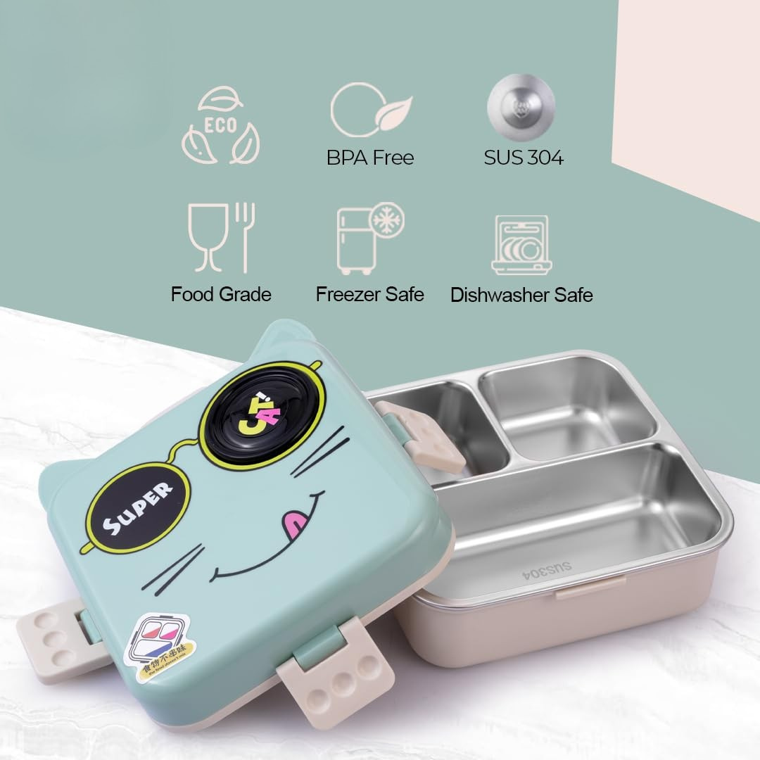 Super Cute Cat Lunch Box | FOODDICT Premium collection | Spacious 6 Compartment | Stainless Steel Tiffin | Secure Lock and Leak-proof