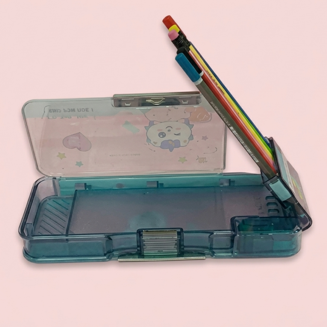 Transparent Multifunction Pencil Case | Cute Cartoon Stationery Organizer with Sharpener & Pencil Holder | Return Gift for Kids, Girls and Boys