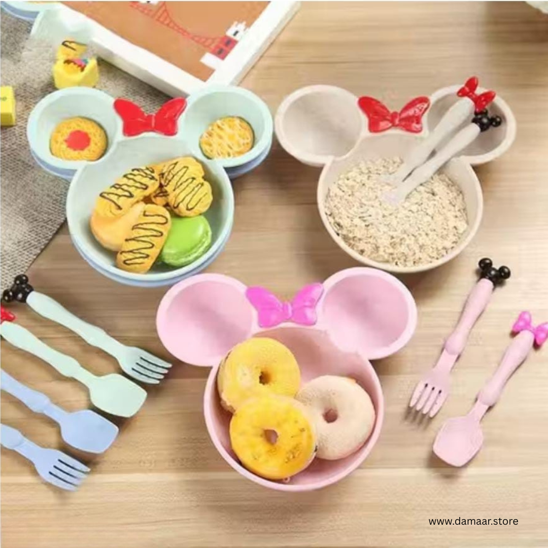 Micky Plate with Bowl | With Cutlery Set | Bamboo Fiber | Easy to Clean | Smooth and Soft Edges | for Kids
