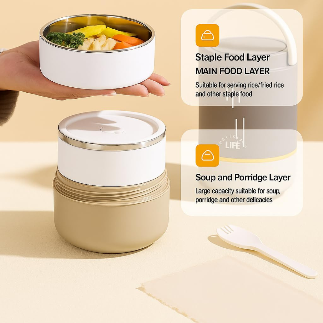 Yummy Buddy Lunch Box | 900ML Large Capacity | Stainless Steel Durable and Safe | Includes Cutlery | 3 layers Storage