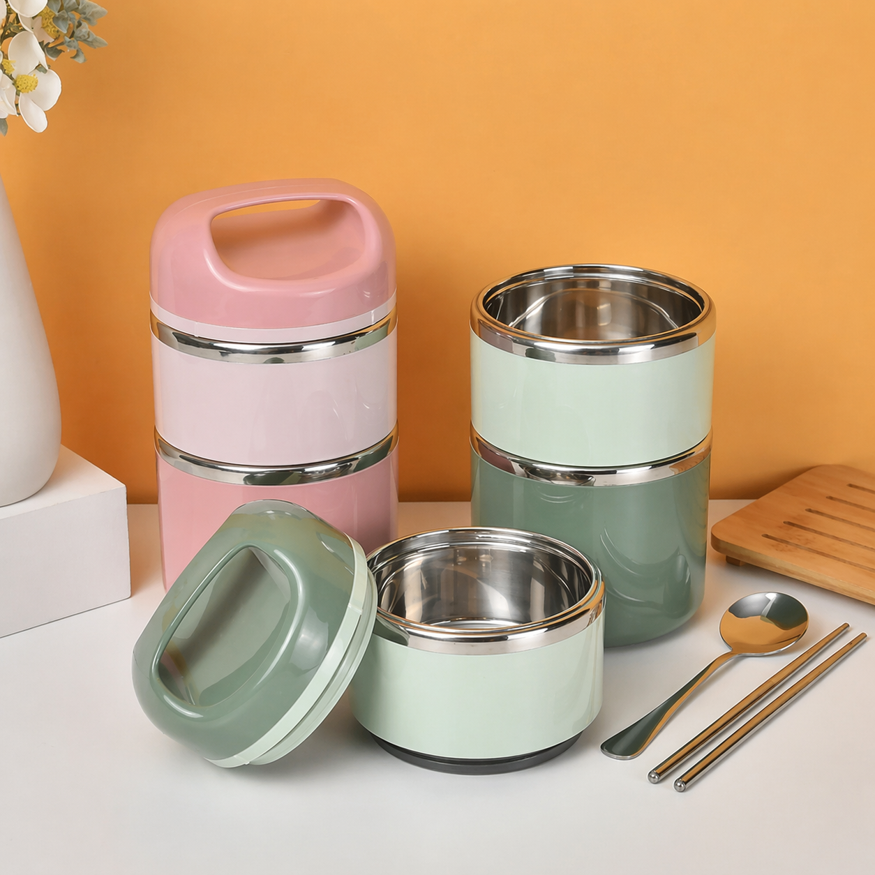 TEDEMEI Two Layers Lunch Box | Large 930 ML Capacity | Stainless Steel Tiffin | Carry Fresh, No Mixing, No Mess