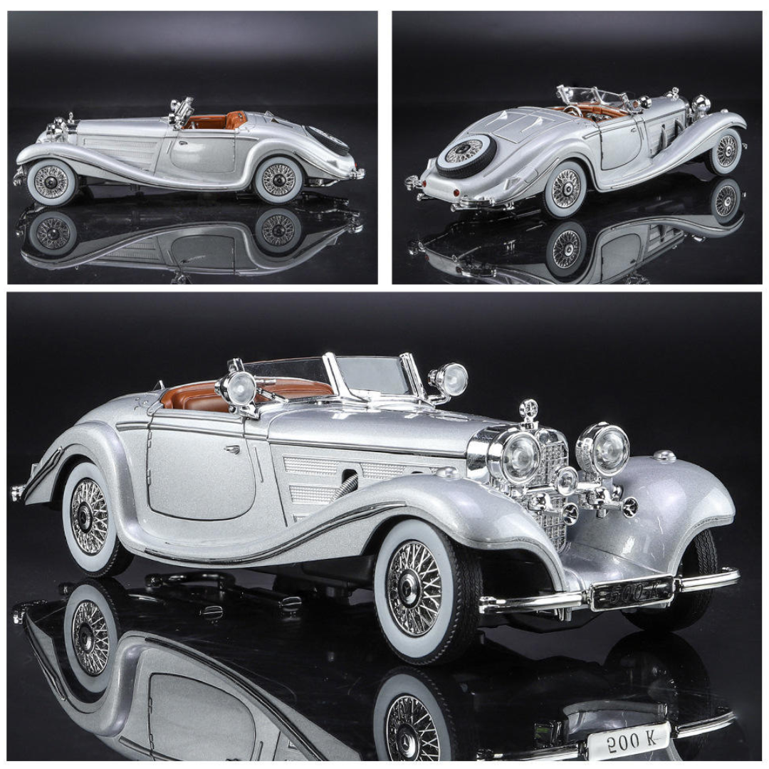 Mercedes Benz 500k Vintage | 1:24 Large Size | Die Cast Metal Pull Back | Openable Doors | Lights and Music