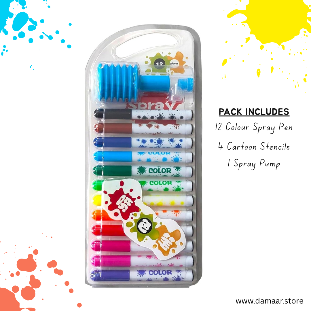 Colour Spray Pen | Artistic | Fun | Vibrant Colours | 12 Shades+Stencils+Spray Pump | for Kids