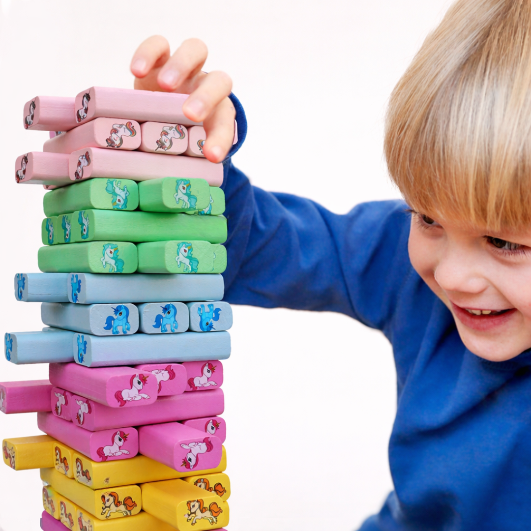 Unicorn Wooden Jenga Stacking Tower | 54 Pcs Educational Blocks | Kids Skill-Building Toy | Age 6+