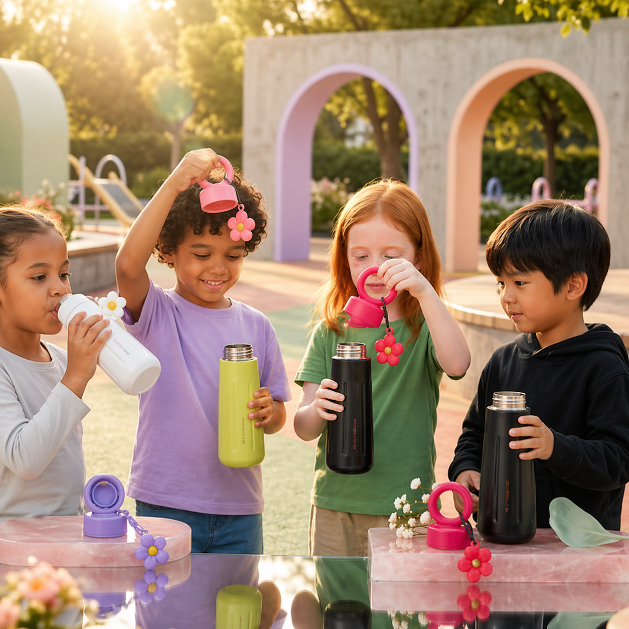 Cute Flower Loop Water Bottle | Premium Grade Stainless Steel | 450 ML Capacity | Wide Mouth and easy to Clean | For Kids and Teen