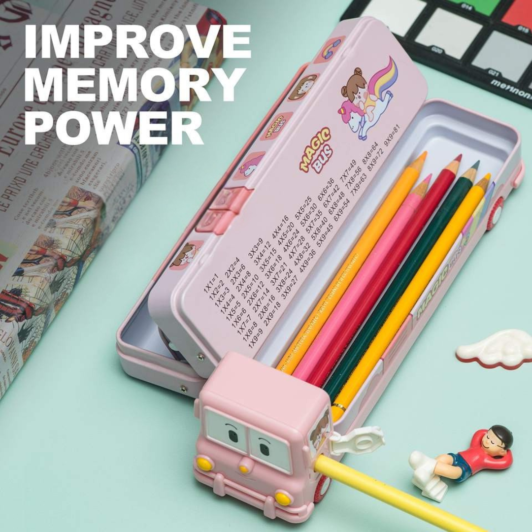 Double Decker Pencil Box | Large Triple Layer Storage | Inbuilt Sharpener | Cute Print Design | Boys and Gilrs