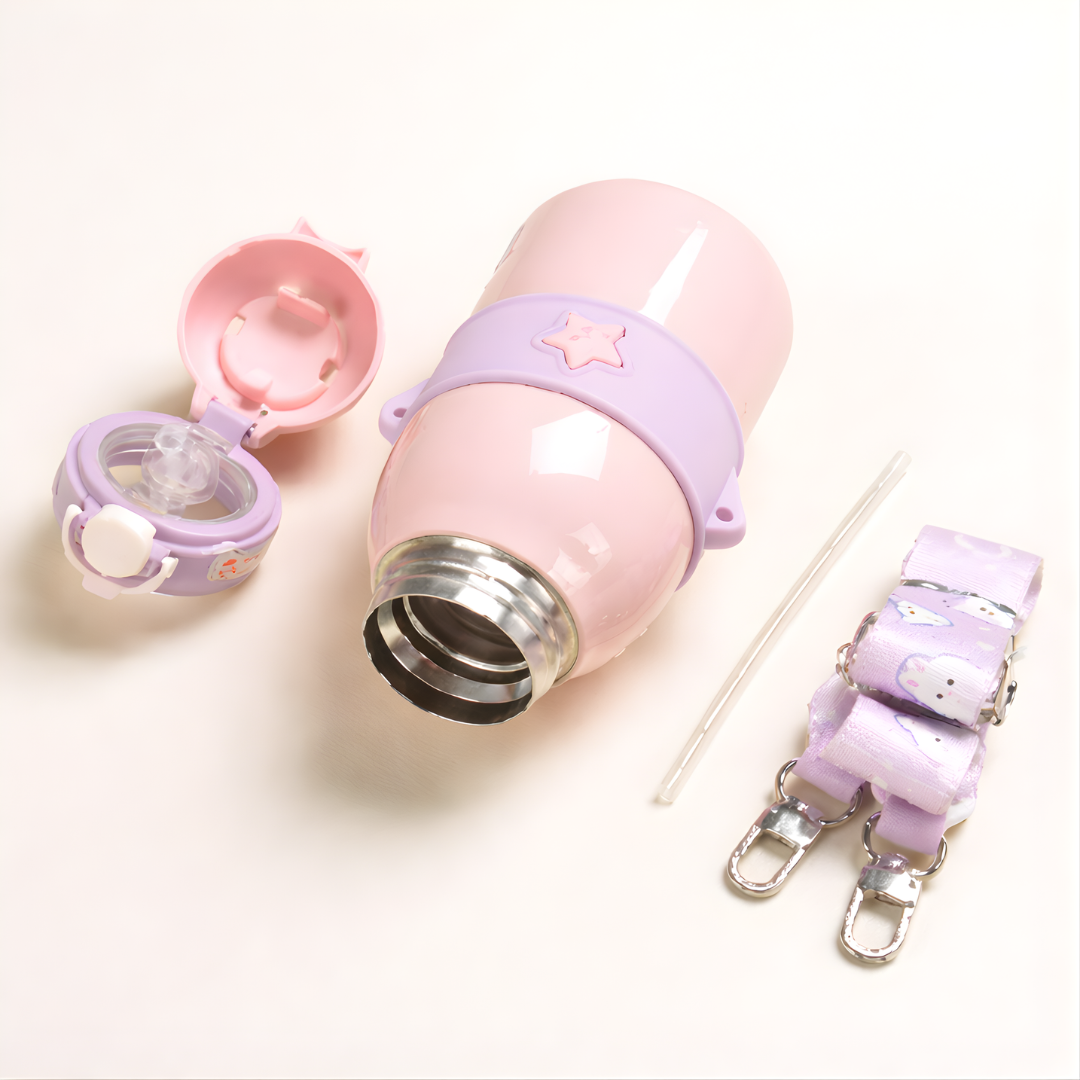 Cute Bunny Water Bottle | Stainless Steel Vacuum Bottle | Adjustable Strap | For Kids
