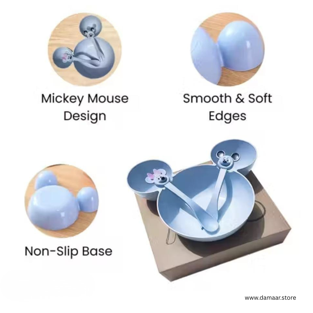Micky Plate with Bowl | With Cutlery Set | Bamboo Fiber | Easy to Clean | Smooth and Soft Edges | for Kids