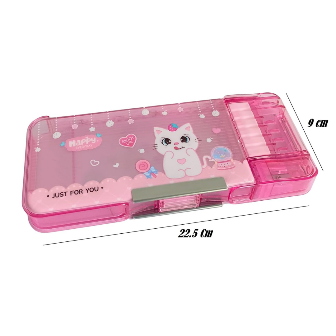 Transparent Multifunction Pencil Case | Cute Cartoon Stationery Organizer with Sharpener & Pencil Holder | Return Gift for Kids, Girls and Boys