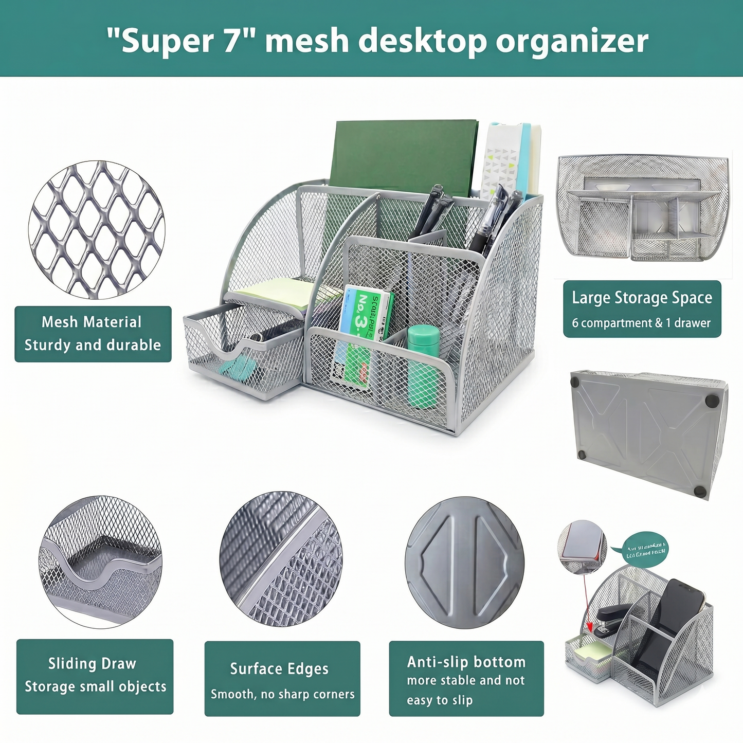 Super 7 Metal Mesh Desk Organiser | 7 Storage System | Strong and Sturdy | School or Office Stationery