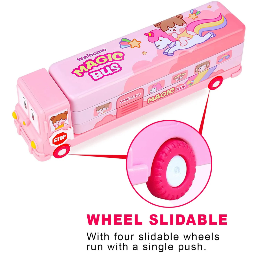 Double Decker Pencil Box | Large Triple Layer Storage | Inbuilt Sharpener | Cute Print Design | Boys and Gilrs