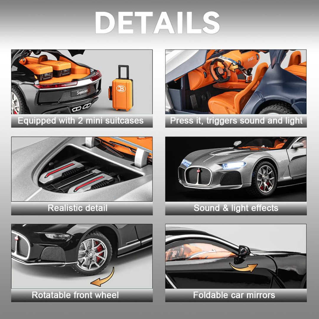 Bugatti Atlantic Super Car | 1:24 Large Size | Die Cast Metal Pull Back | Openable Doors | Lights and Music | Premium and Rich Look