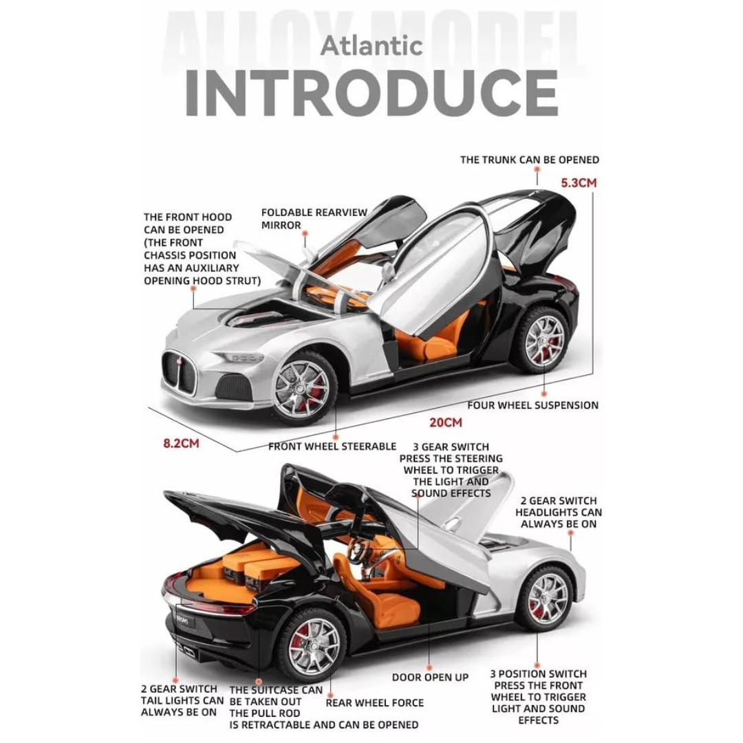 Bugatti Atlantic Super Car | 1:24 Large Size | Die Cast Metal Pull Back | Openable Doors | Lights and Music | Premium and Rich Look