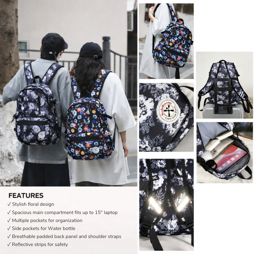 Trendy Floral Backpack | Multi Compartment Spacious | Water Resistant | School, College and Travels | Ideal for Teens & Adults