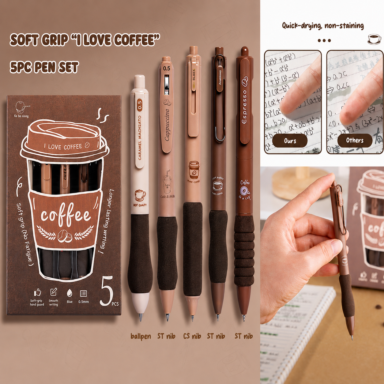 Coffee Collection Ballpoint Pen Set | Pack of 5 Coffee-Themed Pens | Soft Grip and Smooth Writing | Return Gift for Girl and Boys