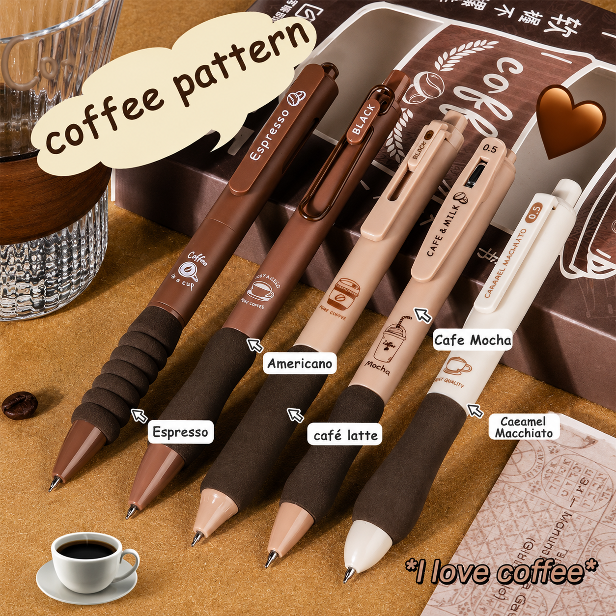Coffee Collection Ballpoint Pen Set | Pack of 5 Coffee-Themed Pens | Soft Grip and Smooth Writing | Return Gift for Girl and Boys