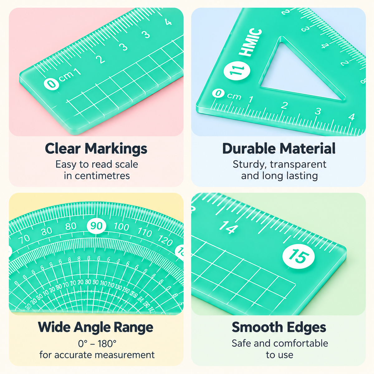 Jelly Ruler Set | 4 Pieces Compact Geometry Set | Attractive Pastel Style Colour | Student Friendly