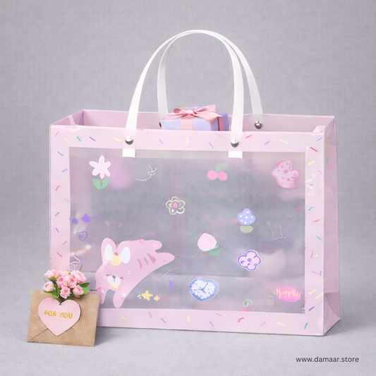 Cuddly Cuties Tote Gift Bag | Set of 4 Tote Gift Bags | Colourful | Clear PVC Bag | Premium Look