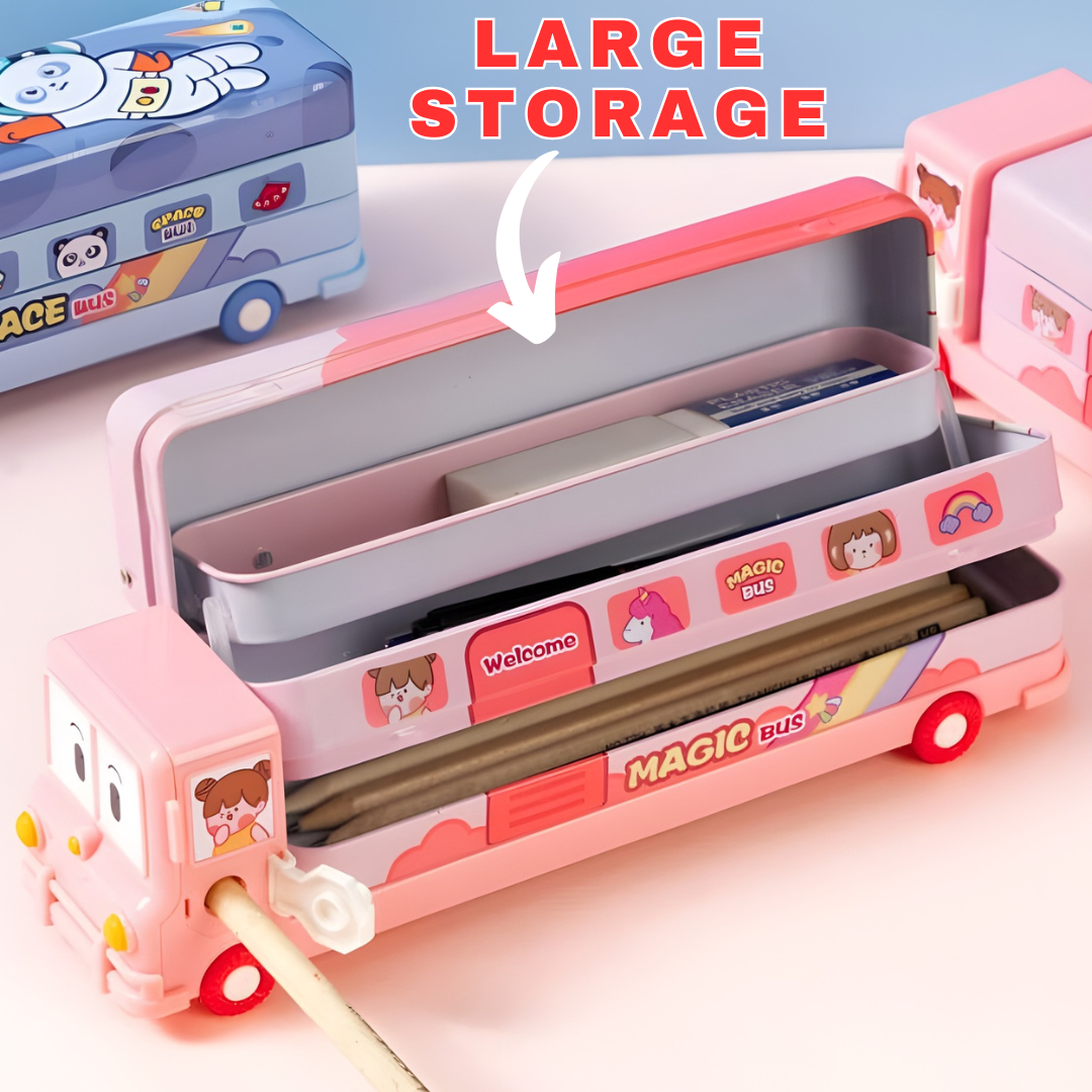 Double Decker Pencil Box | Large Triple Layer Storage | Inbuilt Sharpener | Cute Print Design | Boys and Gilrs
