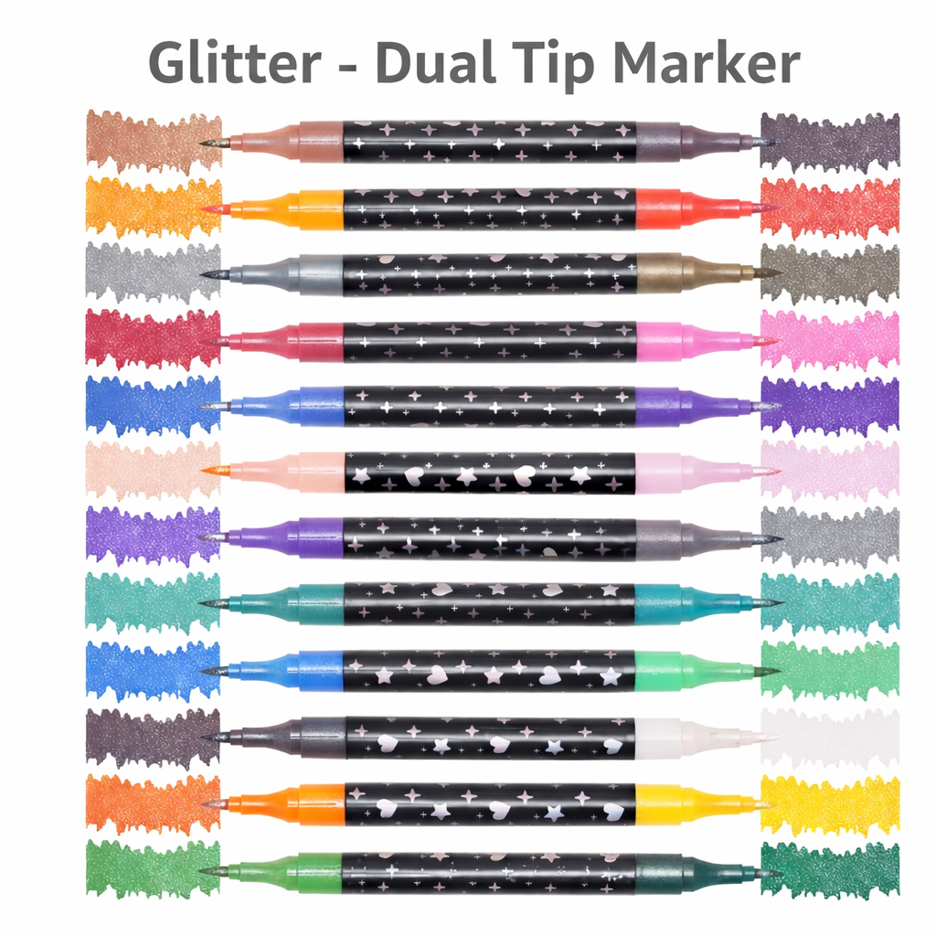 Glitter Dual Tip Marker Pen | Very Shiny and Stunning | Rich Colour | Available in 24 and 48 Colours | Art and Craft