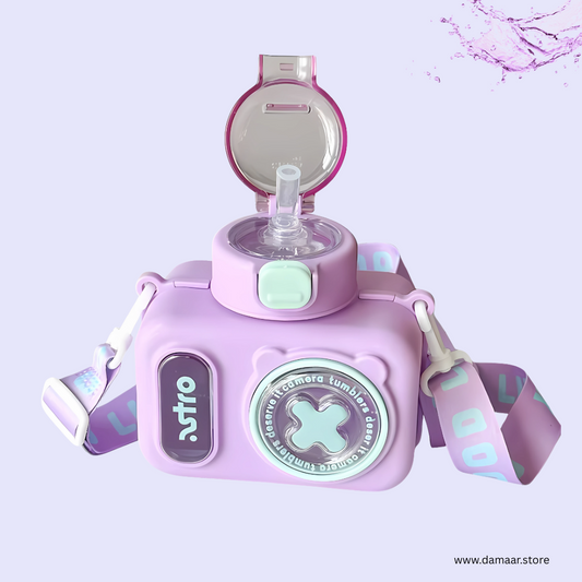 Cute Camera Water Bottle | 600 ML Capacity | Adjustable Shoulder Strap | Beautiful Colour | Gift for Kids